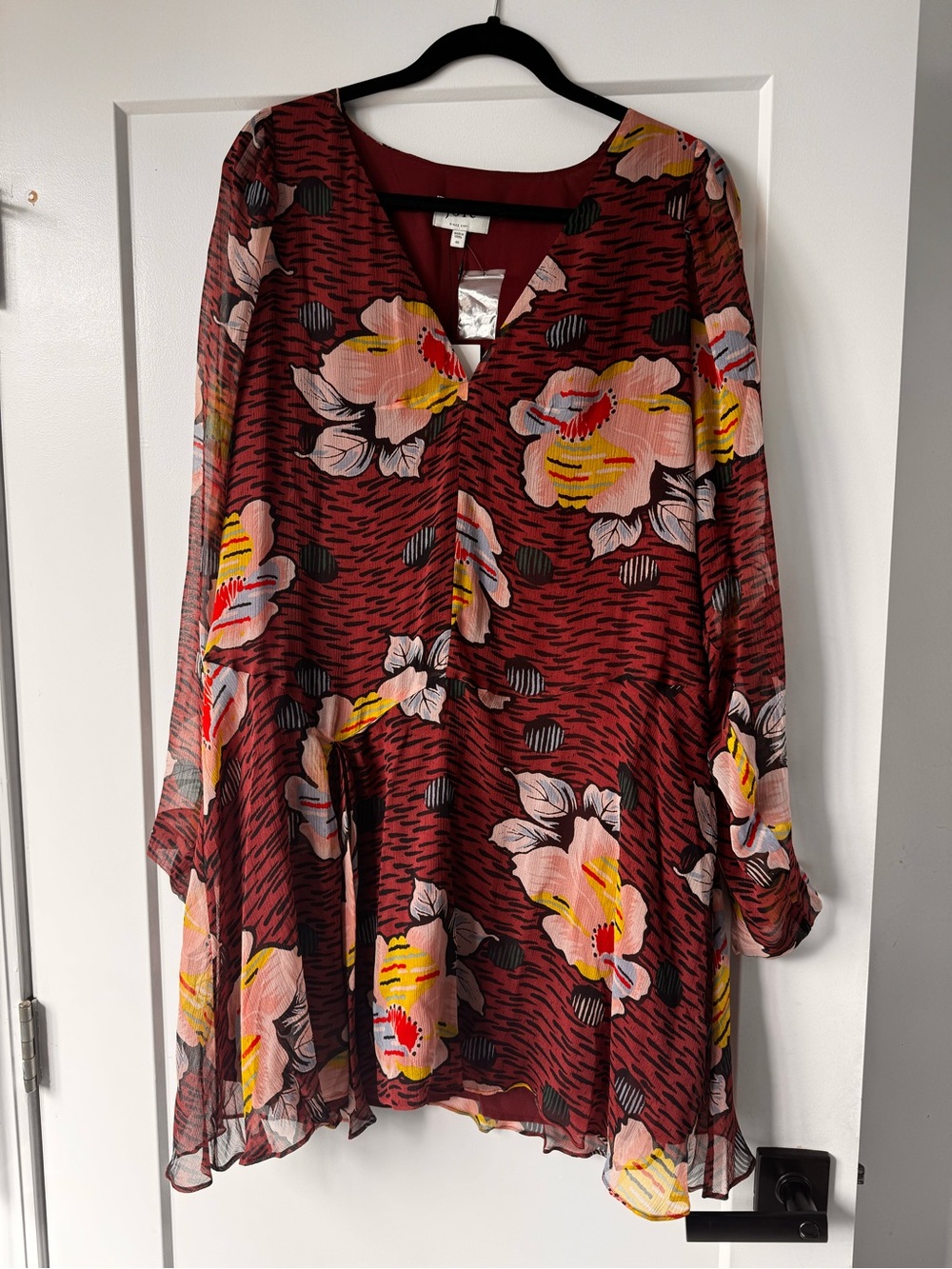Joie Burgundy Floral Long-Sleeve V-Neck Tunic Dress